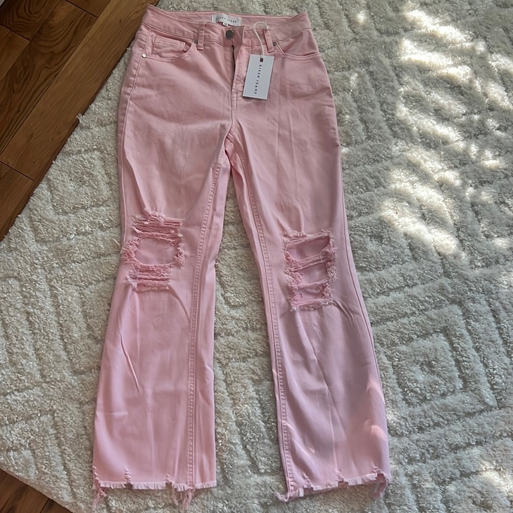 HIGH RISE DISTRESSED STRAIGHT LEG RISEN JEANS (LIGHT PINK)